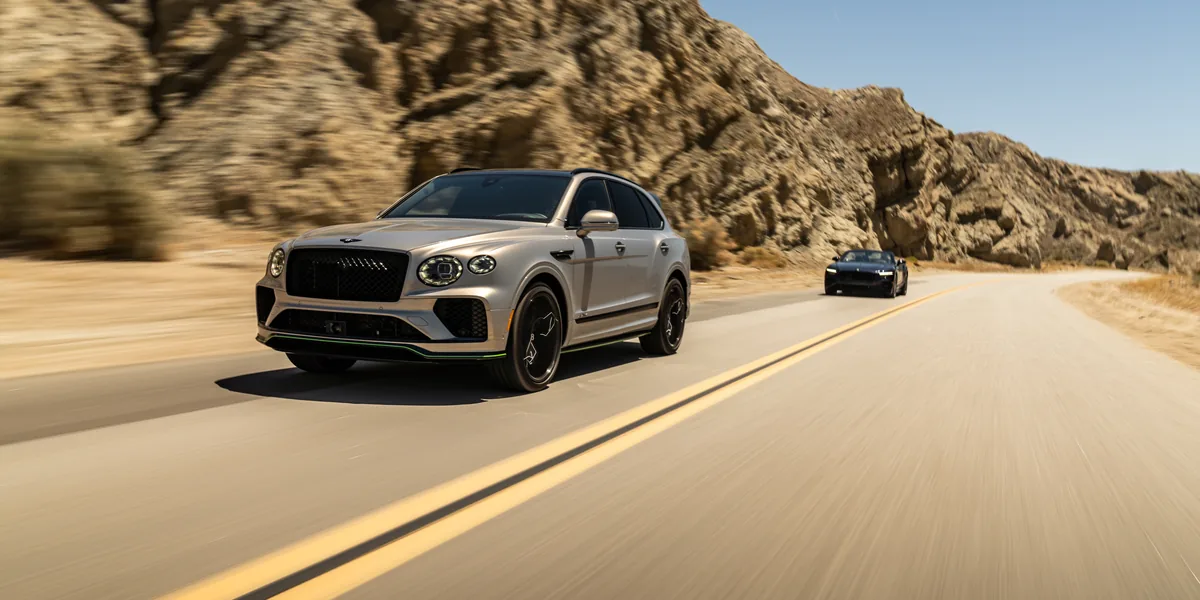 Bentley Bentayga Speed driving on a desert road near Palm Springs